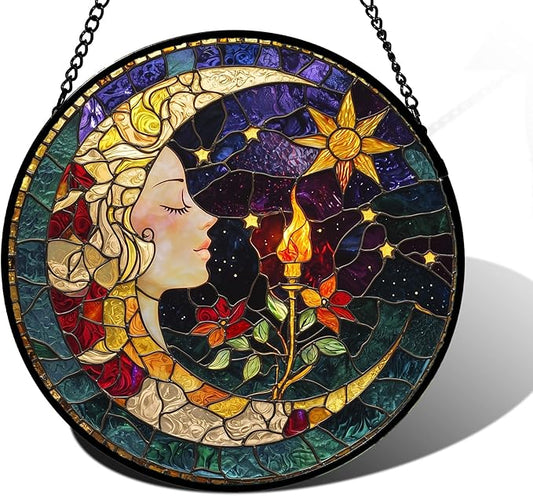DASTOLL Stained Glass Window Hanging, Moon Goddess Torch Suncatcher Diamond by DASTOLL