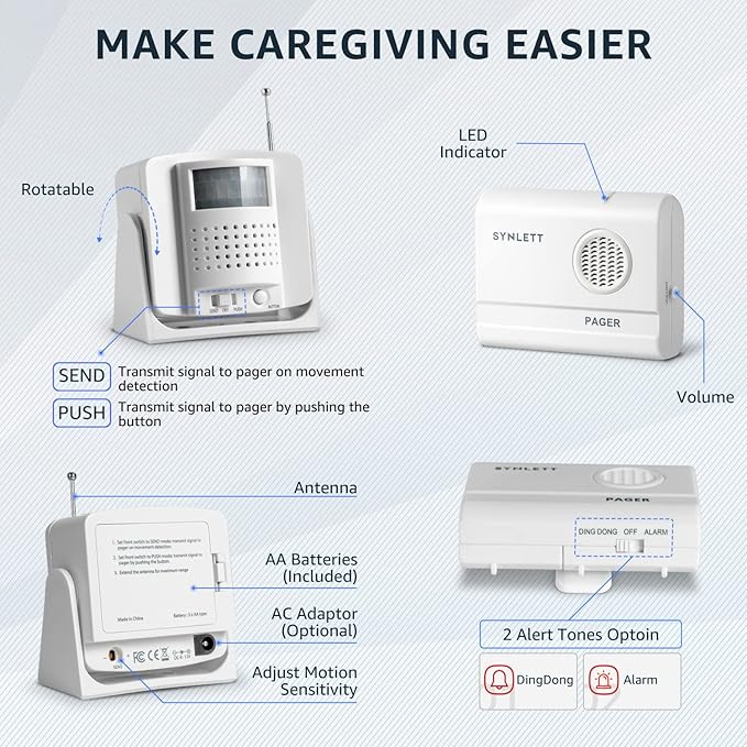 SYNLETT Caregiver Pager Wireless Call Buttons Motion Sensor Alarm Indoor - Image 5