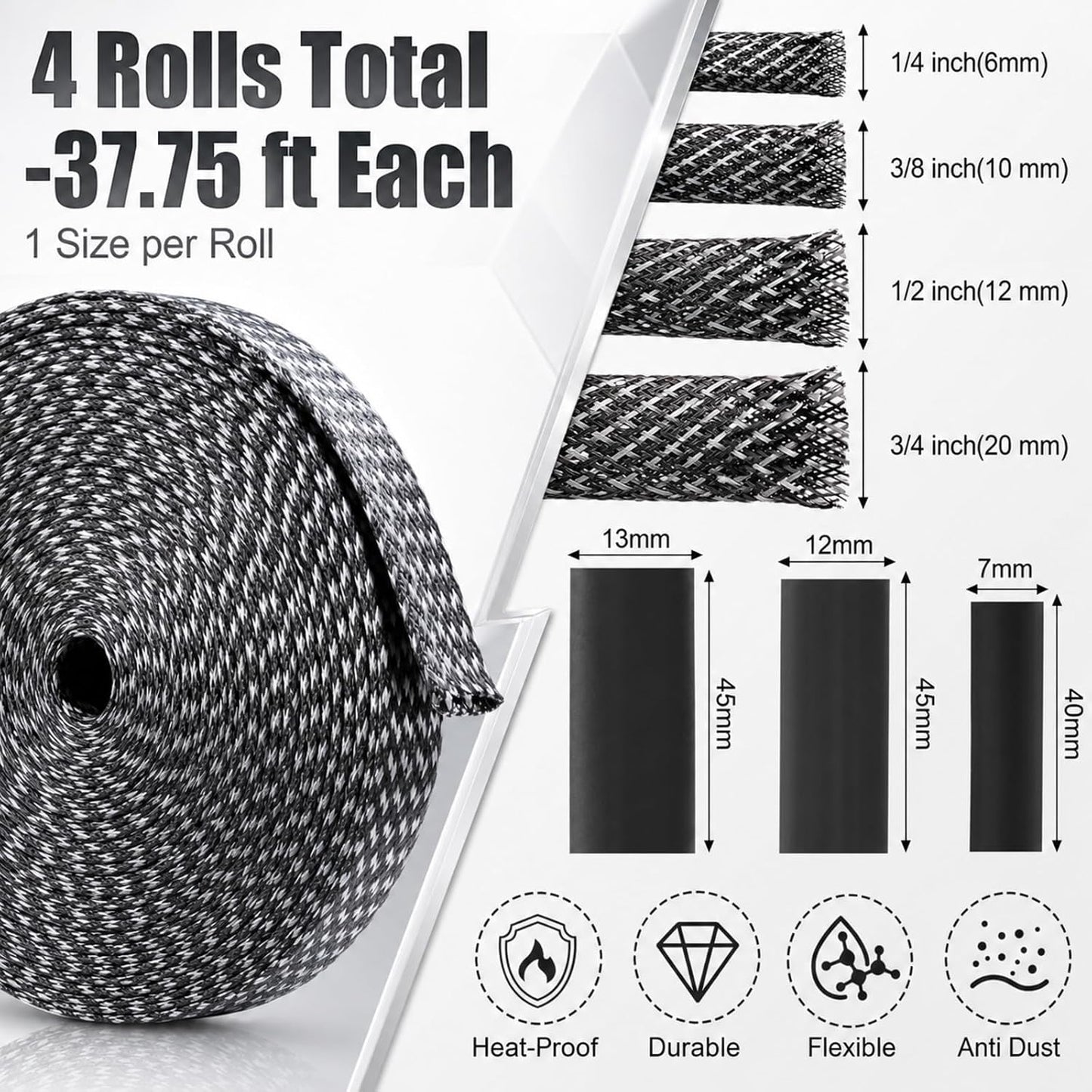 Tatuo 151 ft Expandable Braided Cable Sleeve Multi Size Braided Wire Sleeve with Heat Shrink Tubing for Television Audio Computer Cables Video Pet, 1/4 in, 2/5 in, 1/2 in, 3/4 in(Silver, Black)