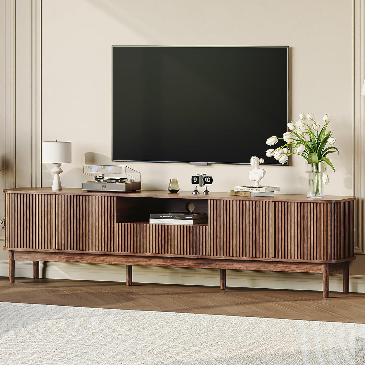 CHUWELL 86.6'' Fluted TV Stand for 75/80/85 Inch TVs, Mid Century Modern