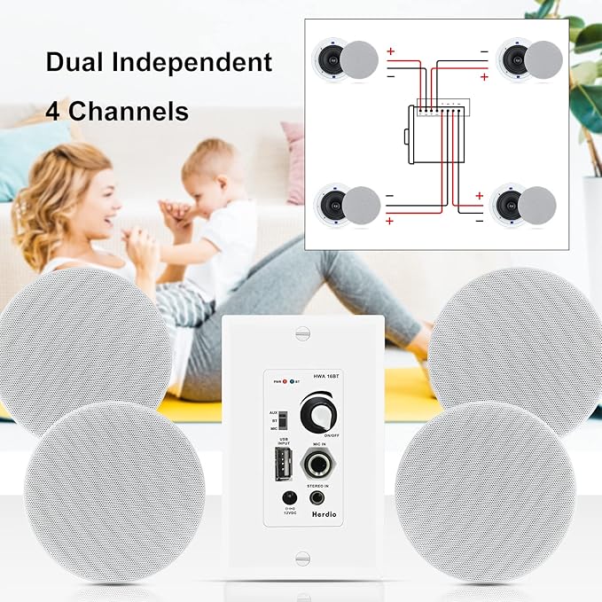 Herdio Bluetooth Wall Amplifier 4 Channels Volume Control Wall Plate - Image 5