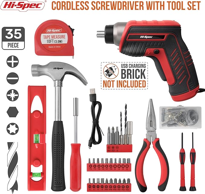 Hi-Spec 35pc Red Tool Kit with 3.6V USB Electric Screwdriver and Drill Set. - Image 2