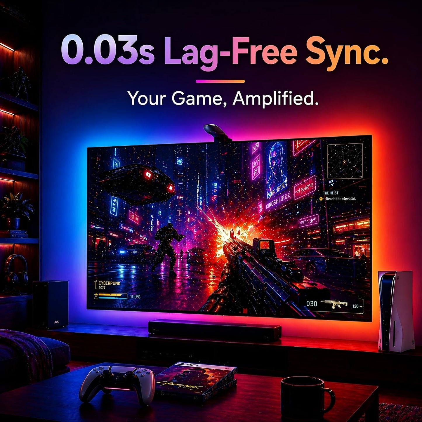 AOC TV LED Backlight, TV-Sync Lights for 55-65 Inch TVs, 14.8 ft | 0.03s optical color capture, 16-bit RGB, 60 LEDs/m, 32 scenes, 6 music modes, app DIY control, smart auto on/off