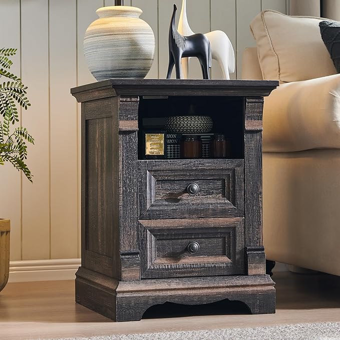 Farmhouse Nightstand with Charging Station, Wooden Sofa Side Table w/Roman by T4TREAMFurniture