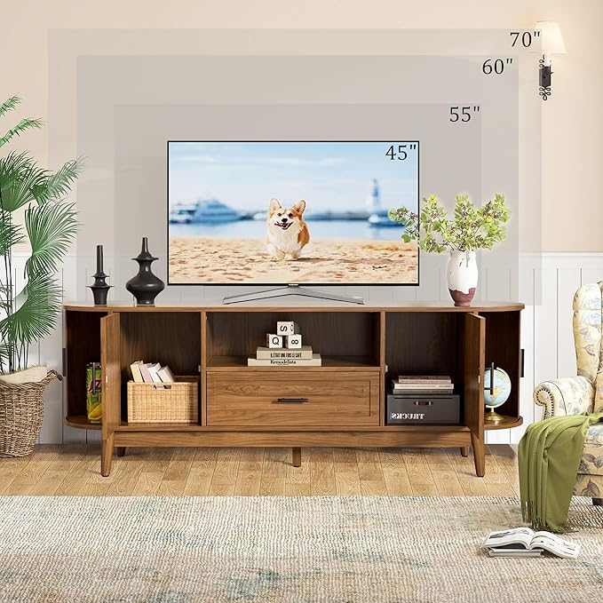 Mxtxmy 63" Fluted TV Stand for Tvs up to 70", Mid-Century Modern Entertainment - Image 4