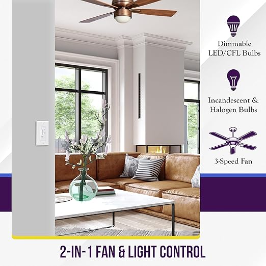 ENERLITES 3 Speed Ceiling Fan Control and LED Dimmer Light Switch, 2.5A Single - Image 3