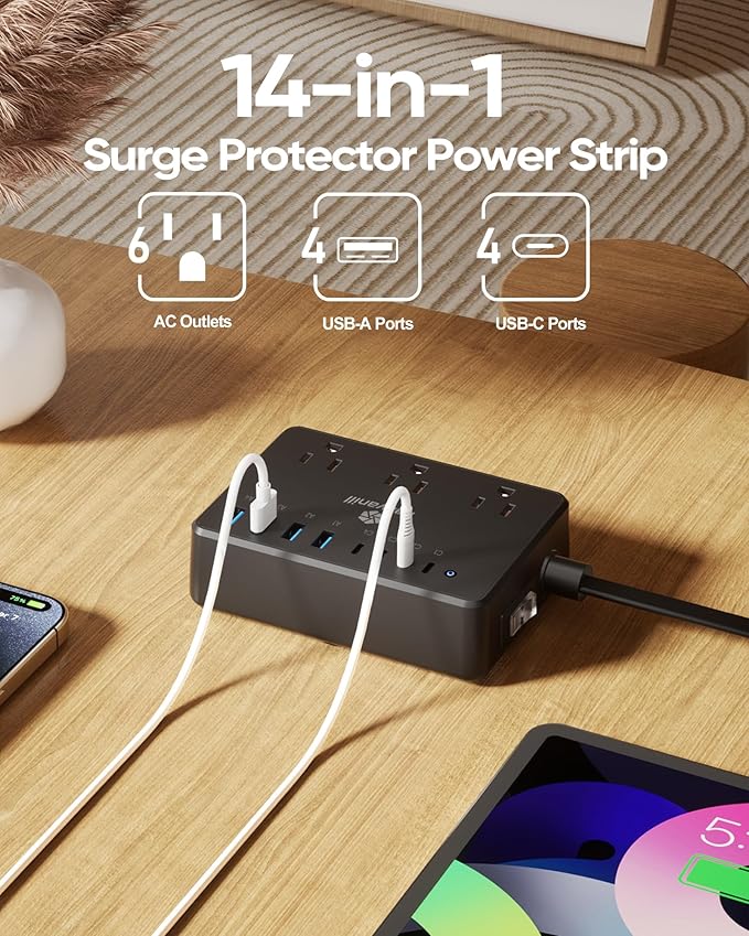 Kakyanill 100W Power Strip, 6 AC Outlets 8 USB Ports - Image 2