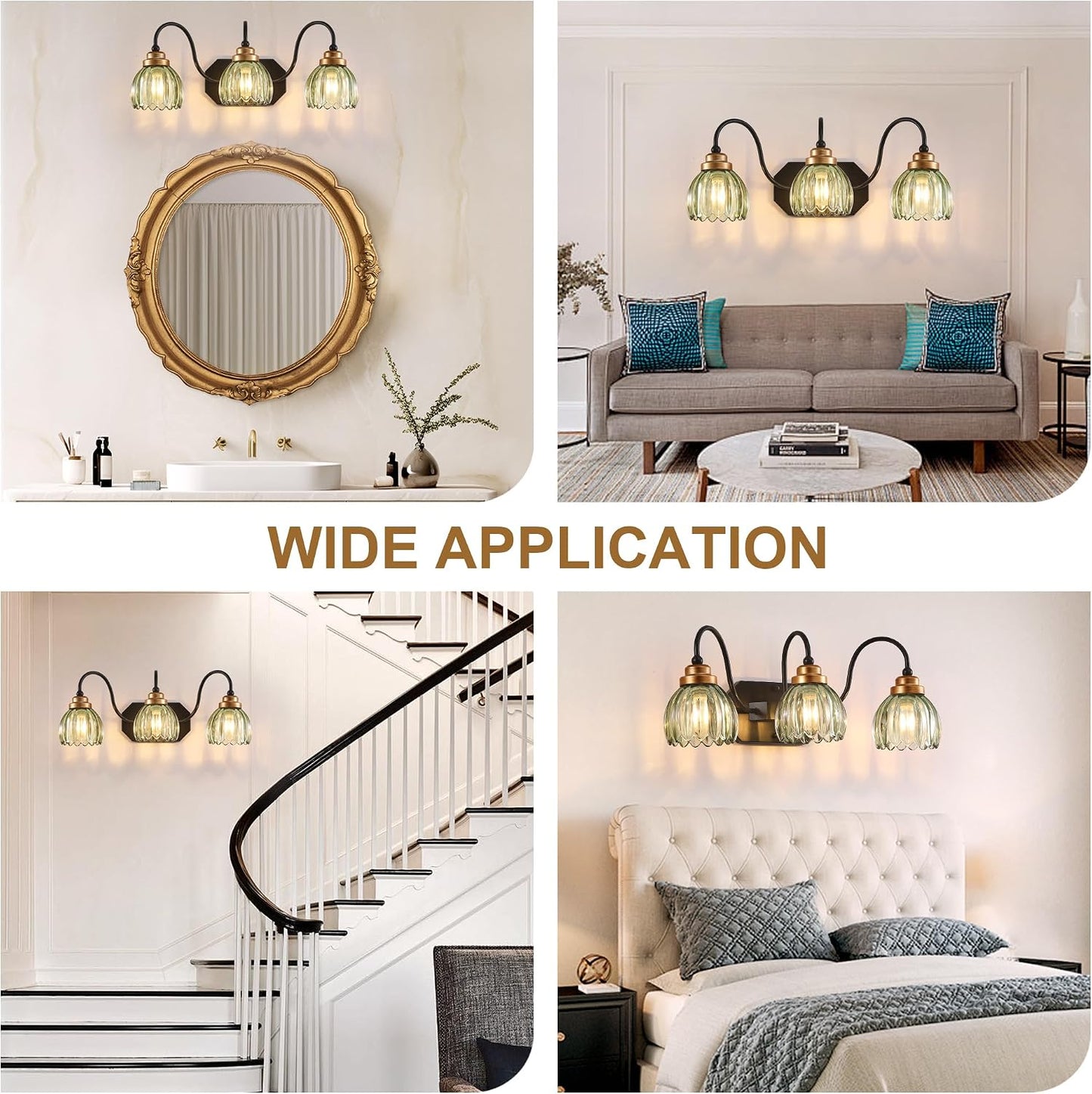 Vintage Gold Bathroom Light Fixtures,3 Light Green Tulip Crystal | Brushed Gold Vanity Lights,Matte Antique Brass Finish, Mid Century Style,Wall Sconces for Bedroom,Hallway,Easy to Install