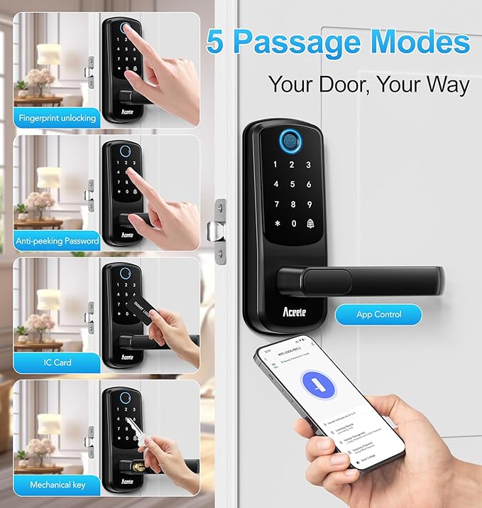 Aceele Keyless Entry Fingerprint Smart Door Lock, Built-in Wi-Fi, Electronic - Image 2