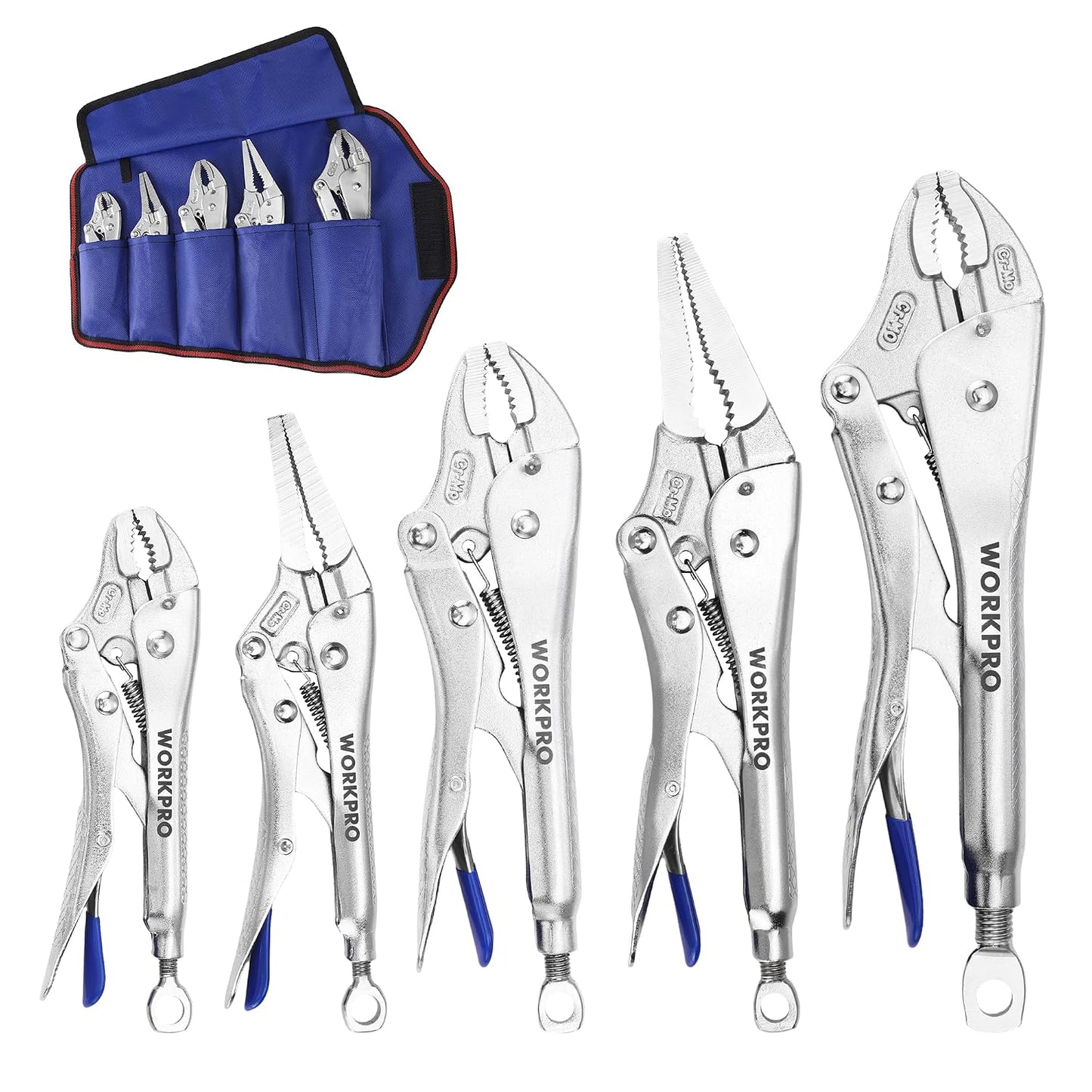 WORKPRO 5-Piece Locking Pliers Set, 5"/7"/10" Curved Jaw & 6.5"/9.5" Long Nose, CR-MO Steel Construction with Perforated Screw, Multipurpose Clamping Tool Kit for Automotive, Welding, and Home DIY