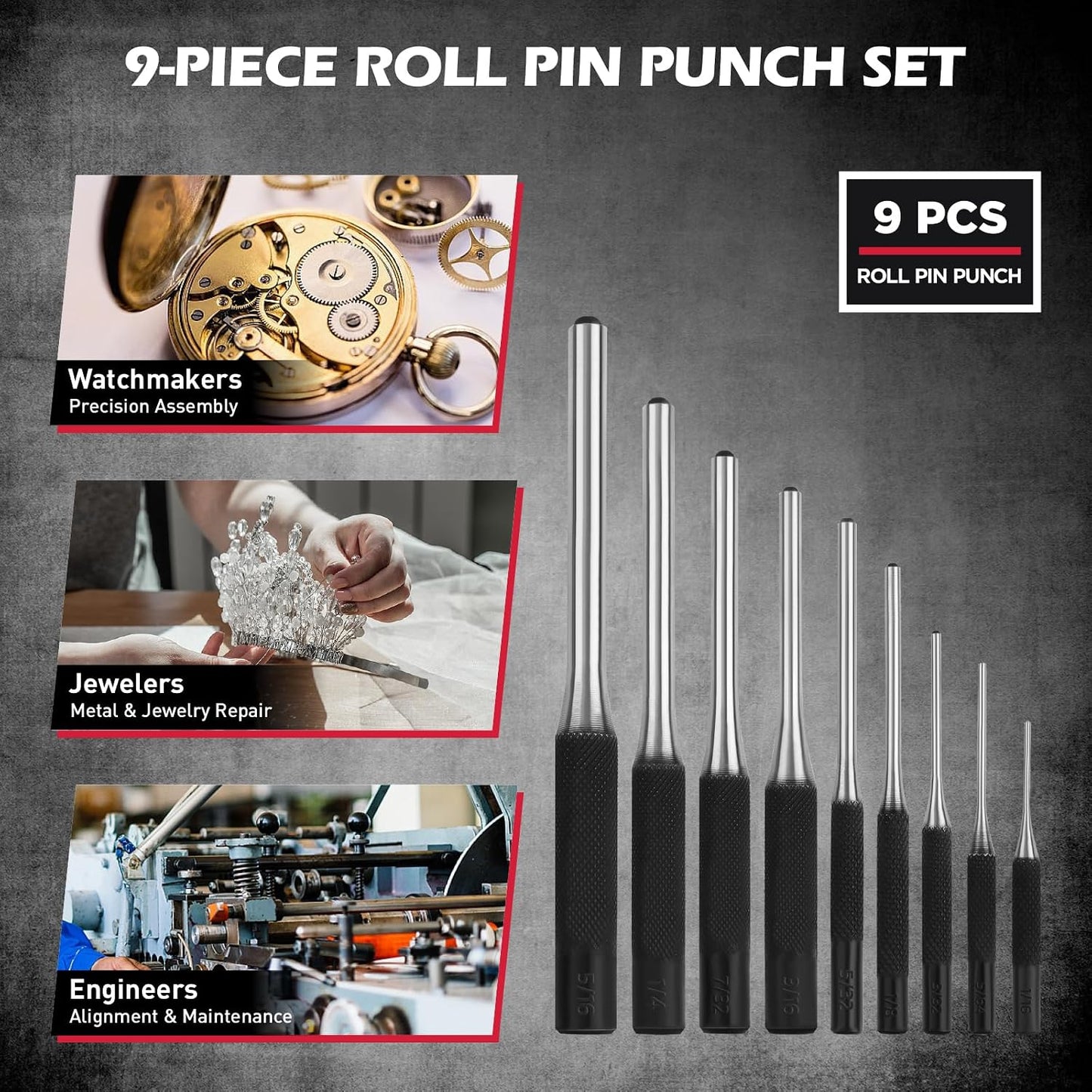 25-Piece Punch and Chisel Set with Roll Pin Punches, Includes Taper, Pin, Center Punches & Cold Chisels for Metalworking, Automotive, and Craft Use
