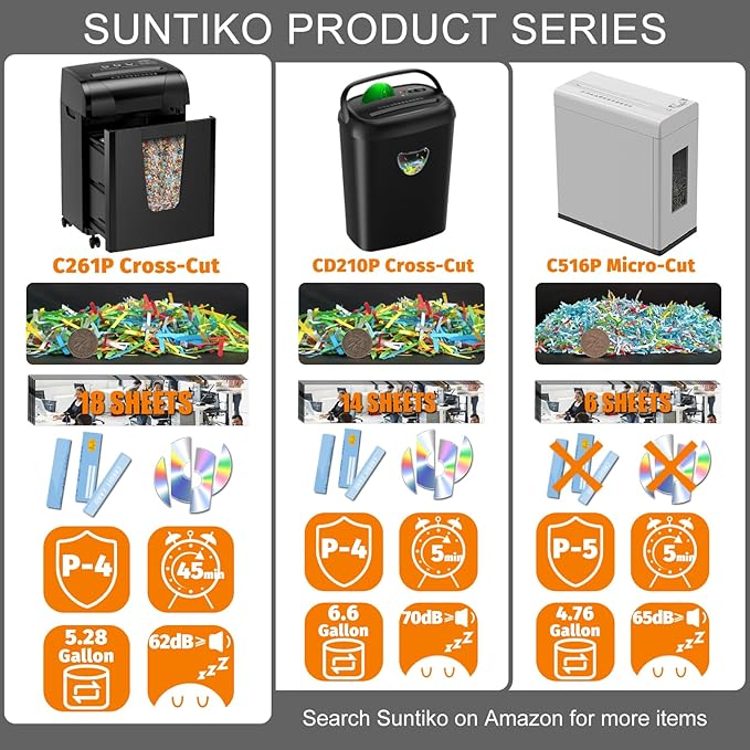 Suntiko Paper Shredder, 18-Sheet Cross Cut Level P-4, Shred Paper/Credit Card/CD - Image 2