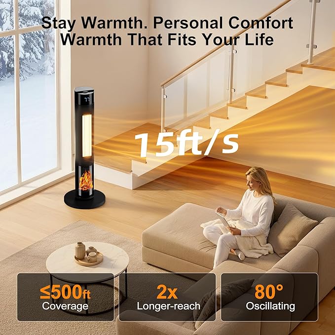 YEW Space Heater for Indoor Use, 80° Oscillating, 24H Timer, Thermostat & ECO - Image 2
