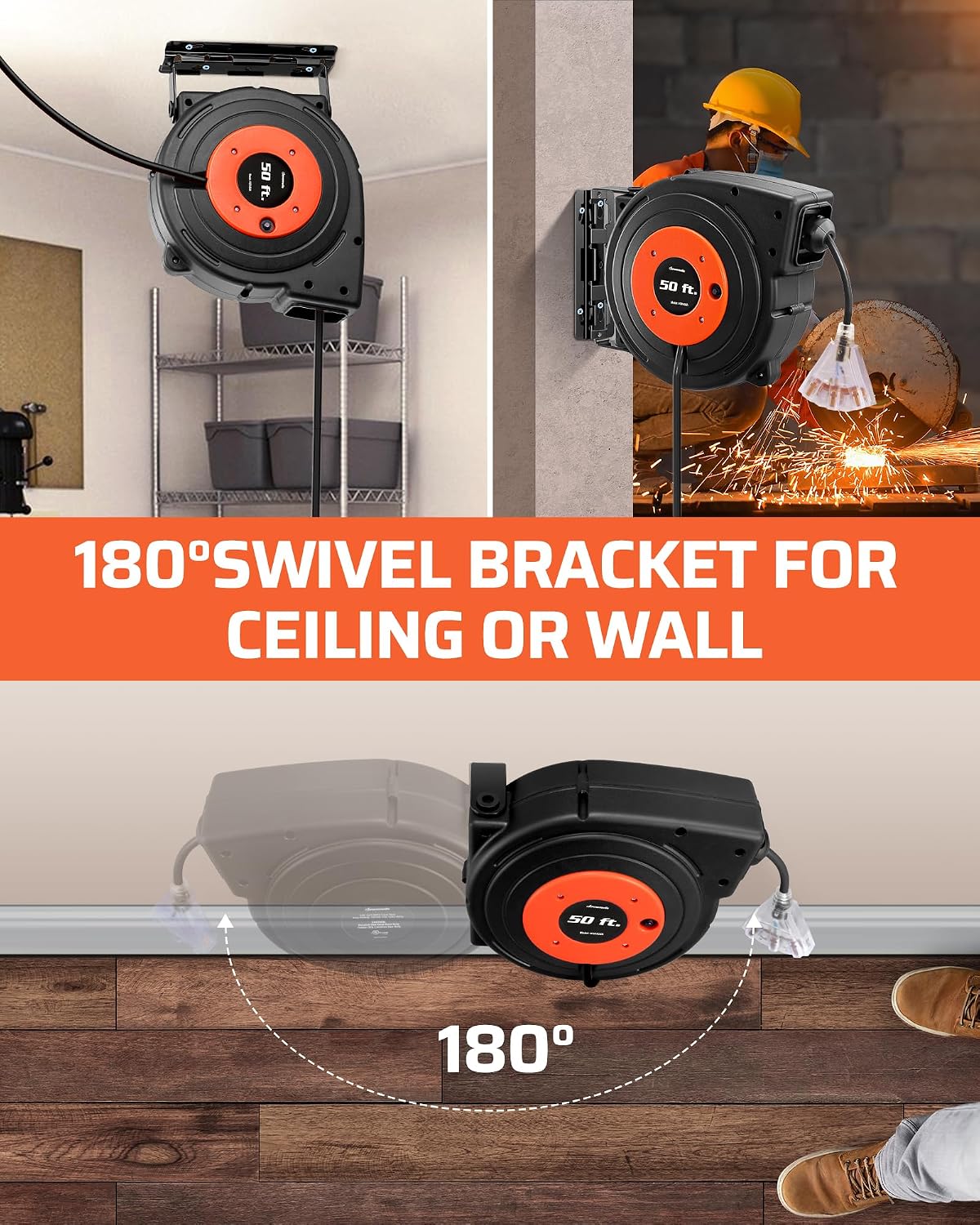 DEWENWILS 50FT Retractable Extension Cord Reel, 14AWG/3C SJTOW Cord Reel | 3-Lighted Triple Outlets, 14AWG/3C SJTOW, 13 Amp Circuit Breaker, Heavy Duty Power Cord for Garage, Workshop