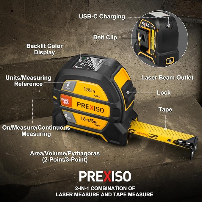 PREXISO 2-in-1 Laser Tape Measure, 135Ft Rechargeable Measurement Tool & 16Ft - Image 6