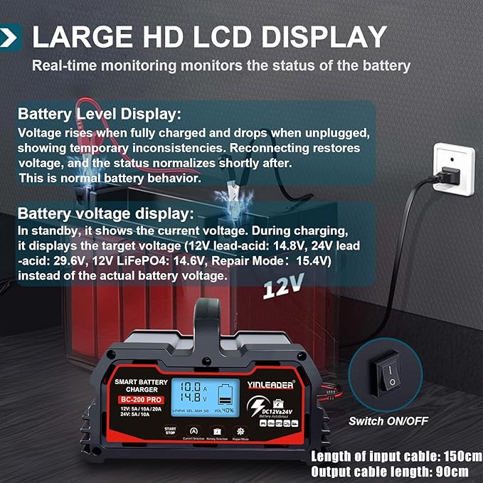 Battery Charger 20A, 12V/24V Lead Acid Smart Battery Charger, 12V LiFePO4 Car - Image 6