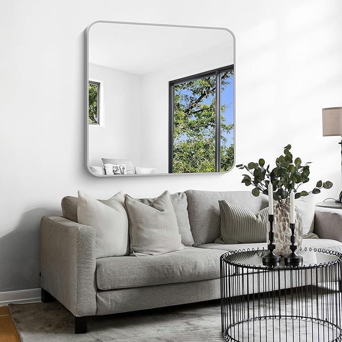 Silver Bathroom Mirror, 42 x 42 Inch Silver Square Mirror, Metal Framed - Image 3