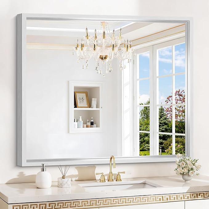 Silver Bathroom Mirror, 42 x 36 Inch Brushed Silver Rectangle Mirror by WelcometoCIVENO