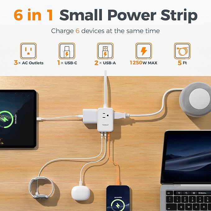 TESSAN Cruise Essentials, Flat Plug Power Strip, 5 Ft Extension Cord - Image 3