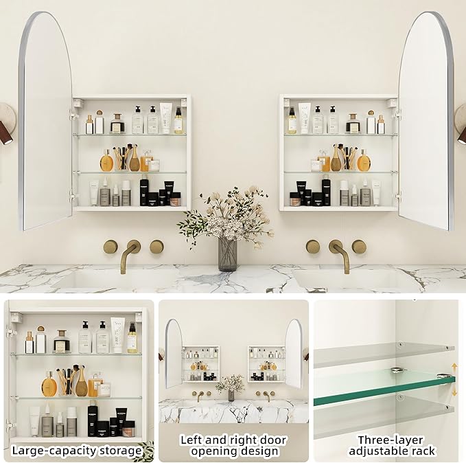 Arched Medicine Cabinet with Mirror, Bath Vanity Mirror with Storage, Aluminum - Image 4