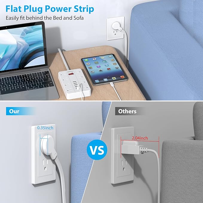 Power Strip Surge Protector, SMNICE Flat Plug Long Extension Cord 10 Ft - Image 2