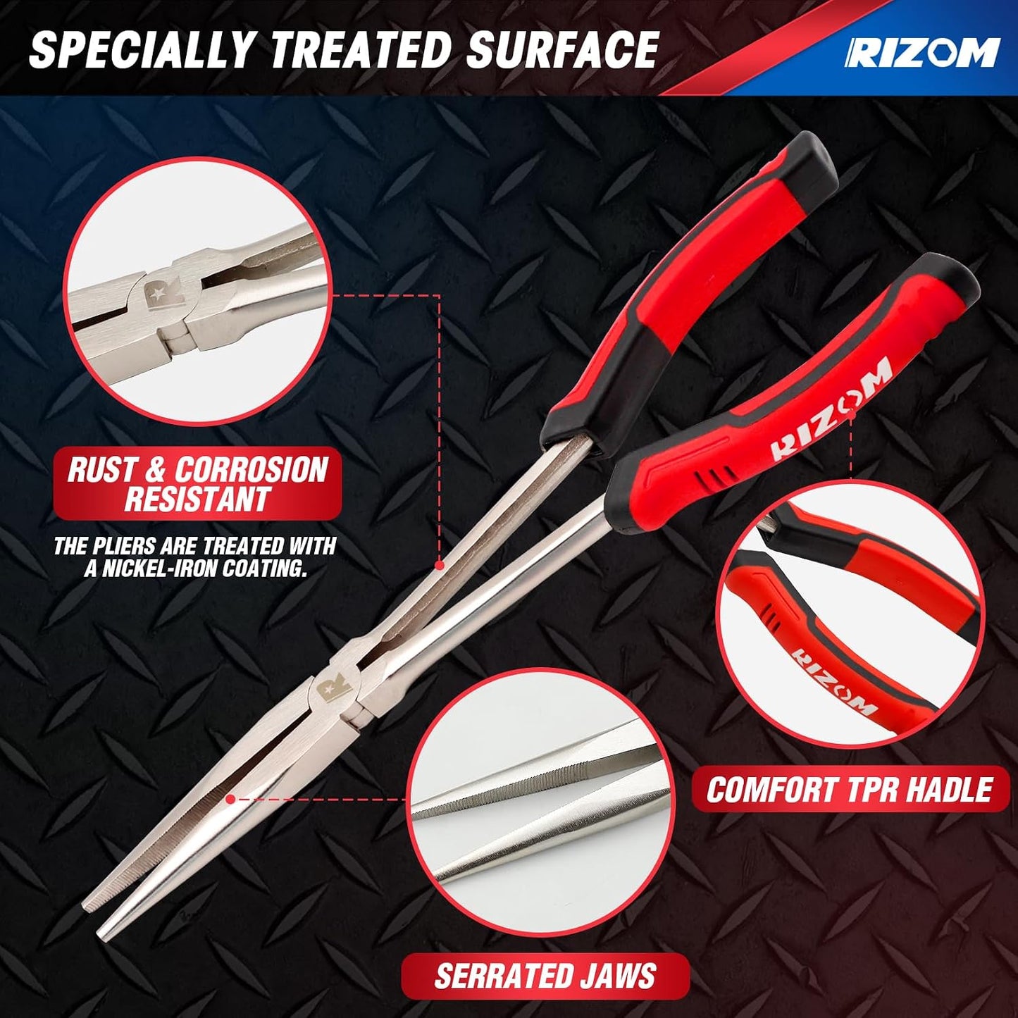 Rizom 3-Piece Long Needle Nose Plier Set, 11'' 90° & 45° Bent Nose Pliers | Cr-V Extra Long Curved Nose Pliers Set For Narrow Spaces