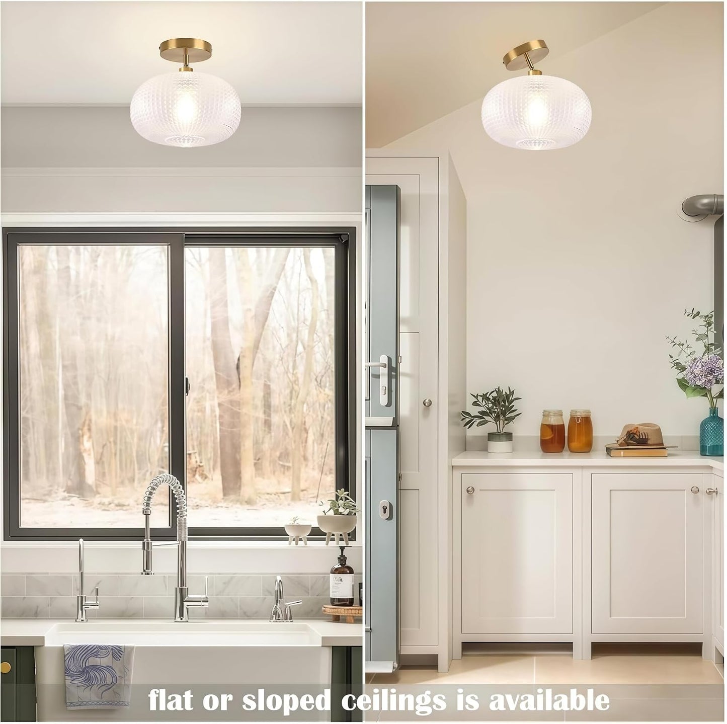 Gold Semi Flush Mount Ceiling Light Fixture,Hallway Light Fixtures,Vintage Ceiling Light Fixture,Globe Glass Ceiling Fixture,Adjustable Hanging Lighting for Bathroom Entryway Bedroom