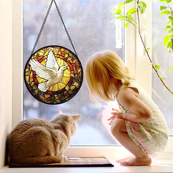 DASTOLL Stained Glass Window Hanging, Flying White Dove Sun Catchers Diamond - Image 3