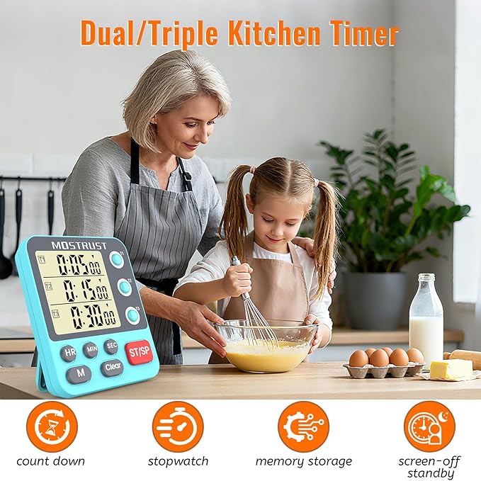 MOSTRUST Digital Dual Kitchen Timer, 3 Channels Countdown Triple Timer - Image 2