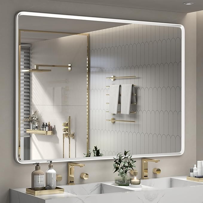55x40 Inch Silver Framed Mirror, Brushed Nickel, Rounded Rectangle Mirror by GOLOMO
