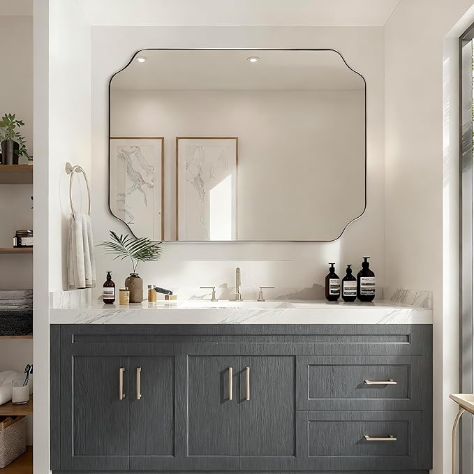 ANDY STAR 36x48 Inch Brushed Nickel Rectangle Mirror, Large Scalloped Bathrom by ANDYSTAR