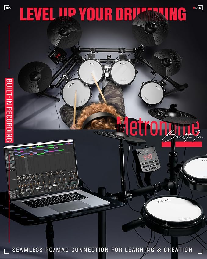 AKLOT Electric Drum Set with Kick-Tower: 4 Dual Zone Mesh Pads, 8’’ Tower-Style - Image 3