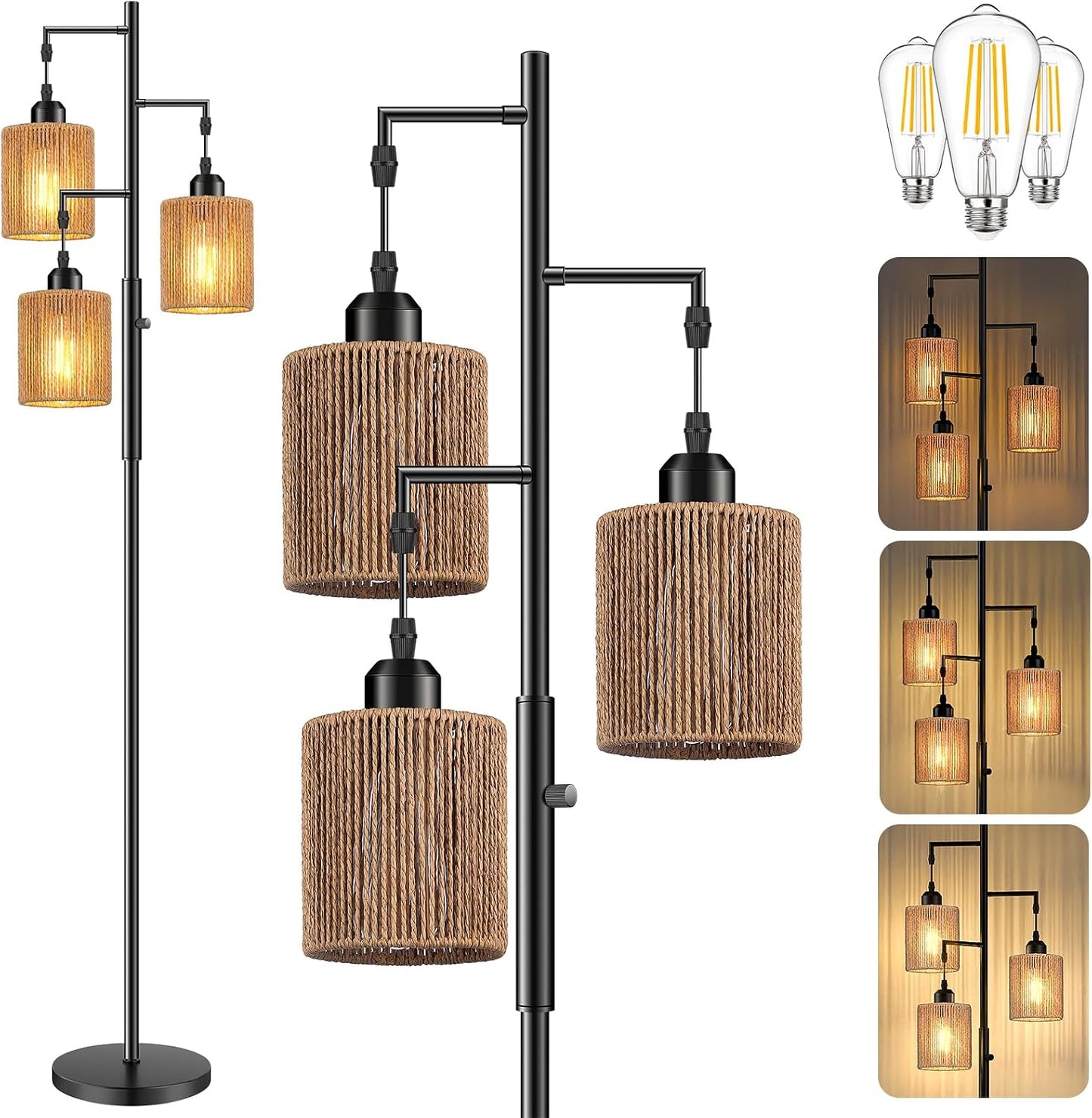 Hotsonic 72" Boho Rattan Tree Floor Lamp, Tall Dimmable Industrial Standing Lamp, Corner Decor Accent Lighting for Living Room, Bedroom, Dining Room, Nursery, Cafe (3 x 800LM Bulbs Included) - Black