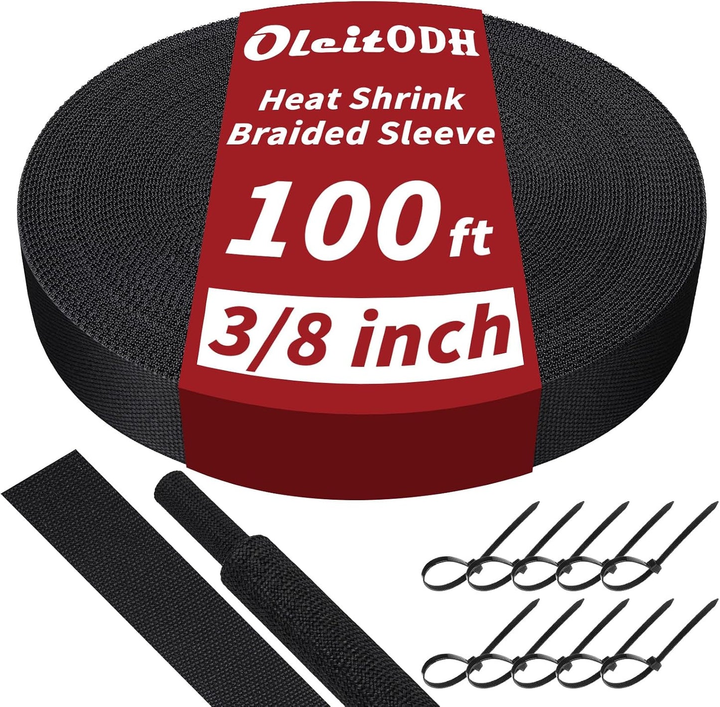 Oleitodh 100 ft 3/8 in 2:1 Heat Shrink Braided Sleeving, Black | Abrasion-resistant polyolefin and polyester sleeve for automotive wiring harness protection and cable management.