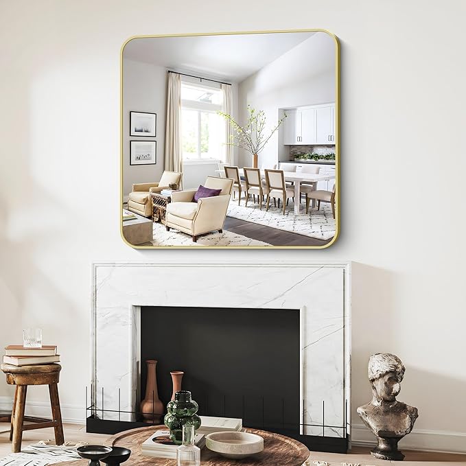 Gold Bathroom Mirror, 42x42 Inch Metal Framed Square Mirror, Rounded Corner - Image 3