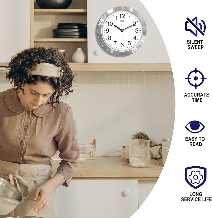 HITO 10 Inch Silent Wall Clock Battery Operated Non Ticking Glass Cover Silver - Image 3