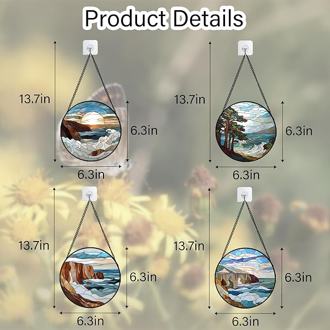 DASTOLL Stained Glass Window Hanging 4 Pcs Set Ocean Waves 6.3" - Image 6