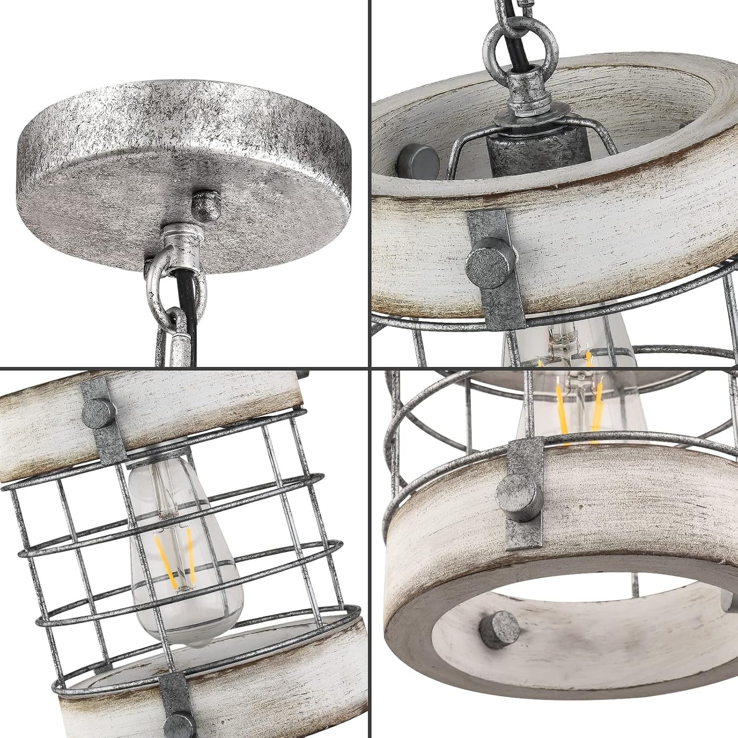 Retro Industrial Metal and Wood Chandelier 1-Light Round Cage Pendant Light Fixture for Kitchen Island Foyer Hallway Bar Dining Room Restaurant, D 7.9" x H 8.7" (White)