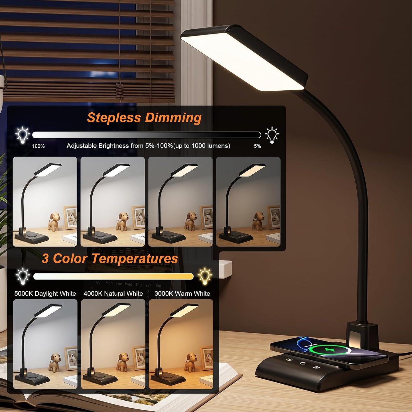 Desk Lamp with Wireless Charger, Desk Lamps for Home Office Night Light | 3 Color Modes with Stepless Dimming, CRI 90+, 1000lm, 360° Flexible Arm, Eye-Caring Study Lamp for College Dorm Room