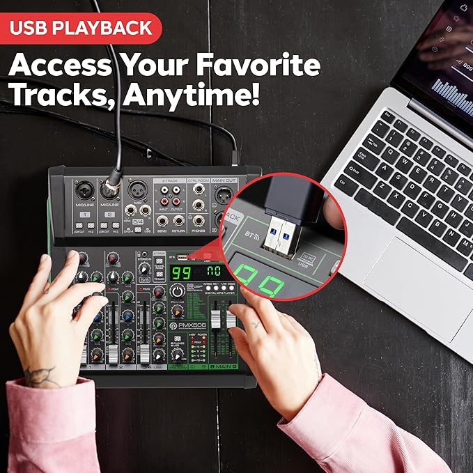 Pyle 6-Channel Audio Mixer, USB Interface, MP3 Compatible, XLR Inputs and LED - Image 3
