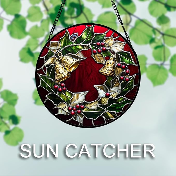 AMDERVEN Stained Glass Window Hanging 4 Pcs Set Christmas Golden Bell Sleigh - Image 3