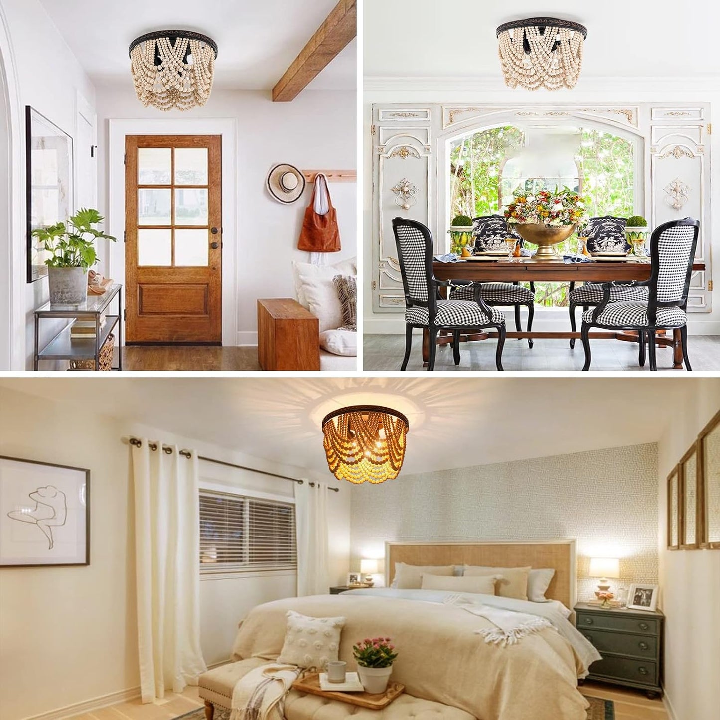 Boho Wood Beaded Chandelier, Bohemia 3 Lights Flush Mount Ceiling Light Fixtures with Engraving Pattern, Farmhouse Chandeliers for Living Room Passway Foyer Entryway Hallway Nursery, Oil Rubbed Bronze