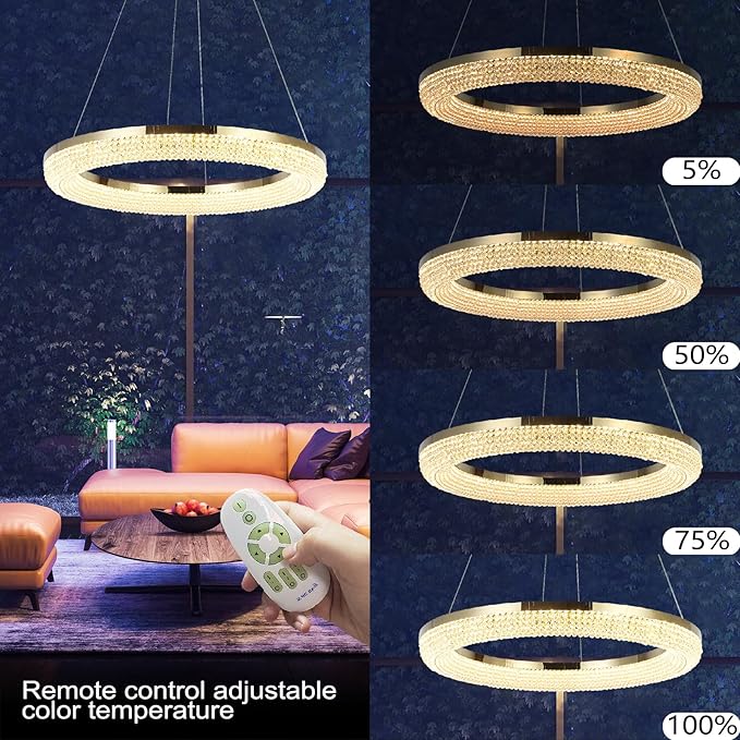 LYICYIU 23.6" Round Crysrtal Stainless Steel Pendant Lamp, 3Color LED Dimmable - Image 5