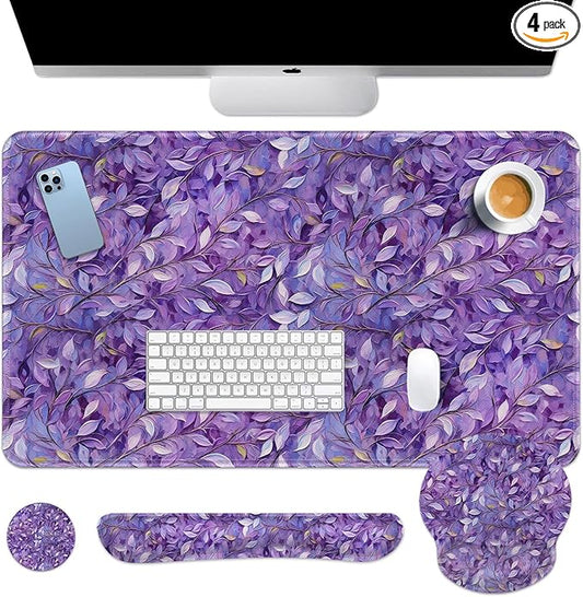 Britimes Purple Oil Painting Leaves Keyboard Mouse Pad Set Plant 4in1 Large by Britimes