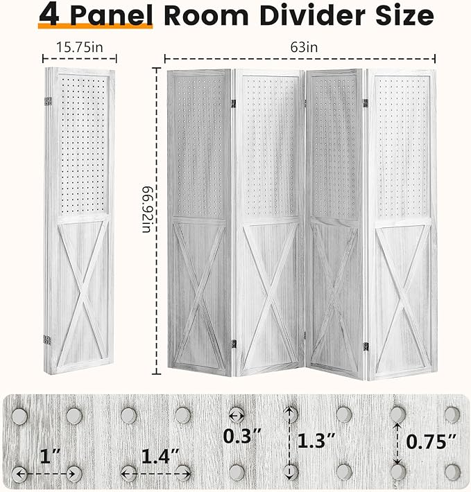 ALeesing 4 Panel Pegboard Wood Room Divider, 5.6Ft Pegboard Display Folding - Image 2
