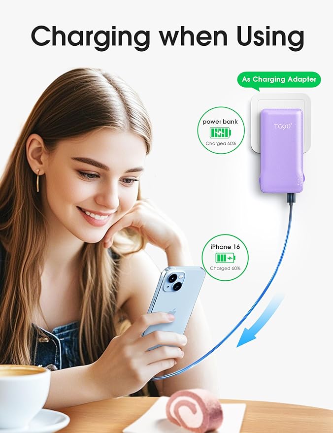 TG90° Portable Charger, 10000mAh Power Bank Built-in Cables and AC Wall Plug - Image 4