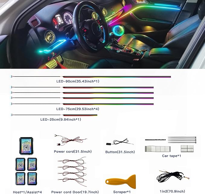 Acrylic Interior Car LED Strip Lights, Colorful 6-in-1 Car Ambient Lighting Kit - Image 4