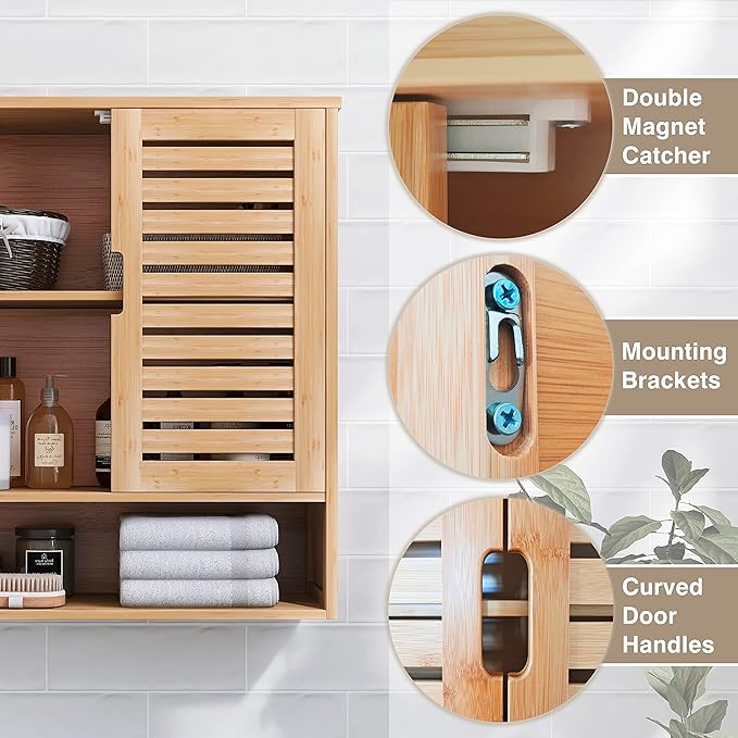 SMIBUY Bathroom Cabinet Wall Mounted, Bamboo Over-The-Toilet Storage Organizer - Image 6