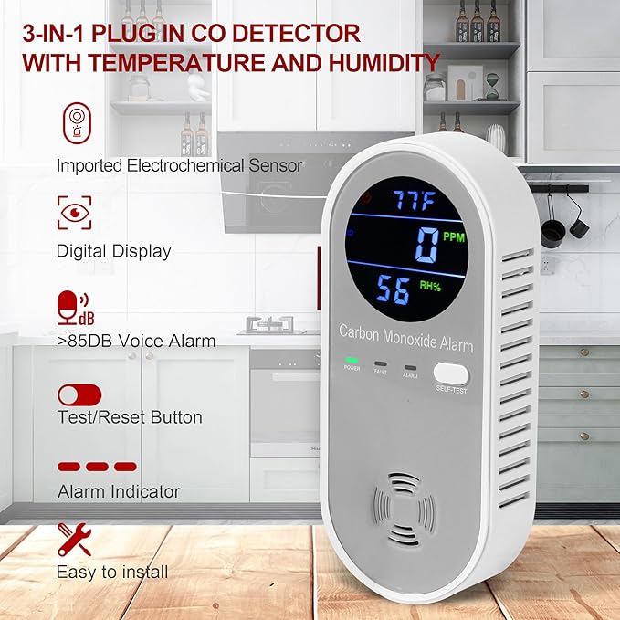 2 Packs Carbon Monoxide Detectors, Plug in Carbon Monoxide Alarm, 3-in-1 - Image 4