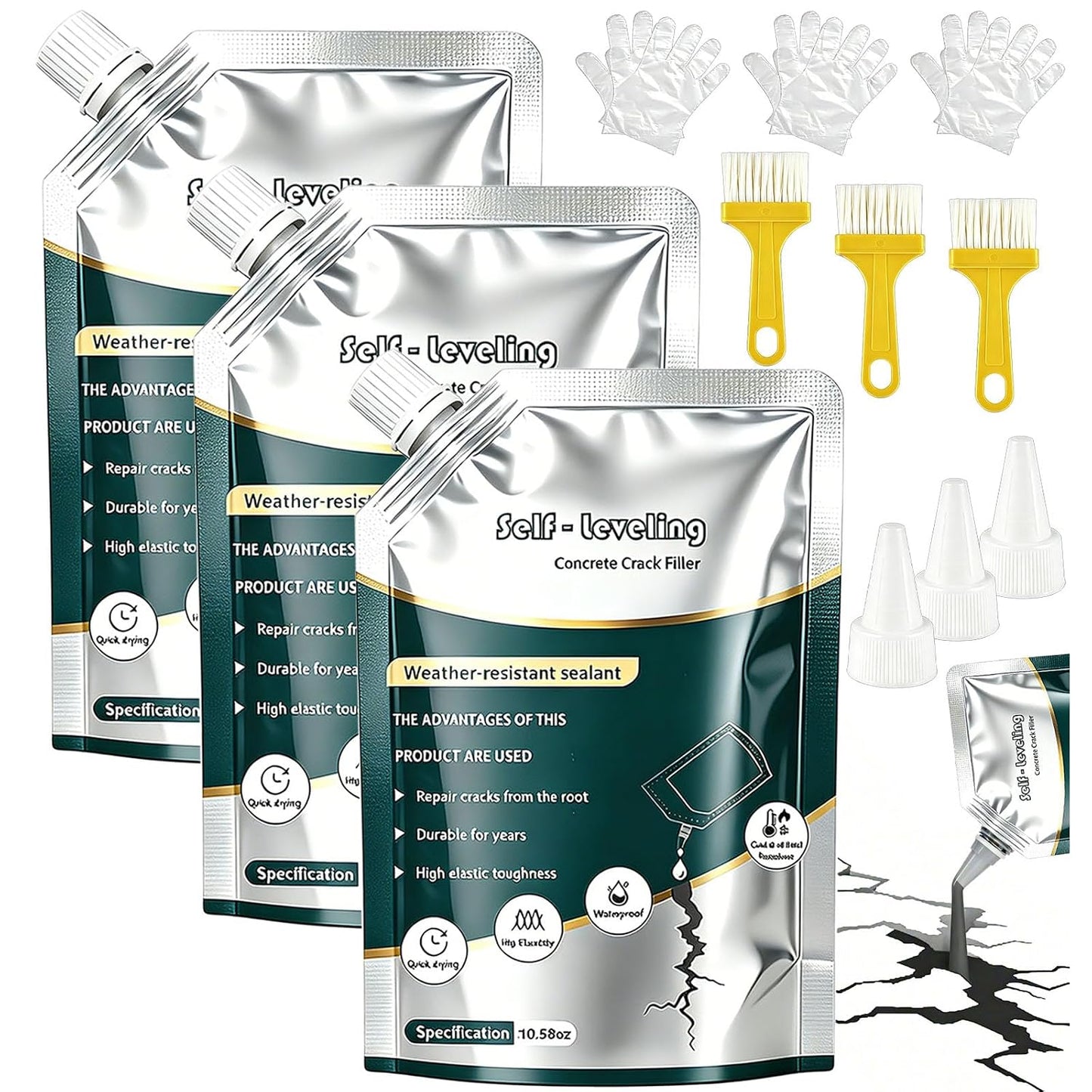 3-Pack Self Leveling Concrete Crack Filler Kit, High Elasticity Asphalt Crack Filler Driveway Sealer, Waterproof Cement Crack Filler Outdoor Caulk for Effectively Repair Concrete Patch - 31.74oz